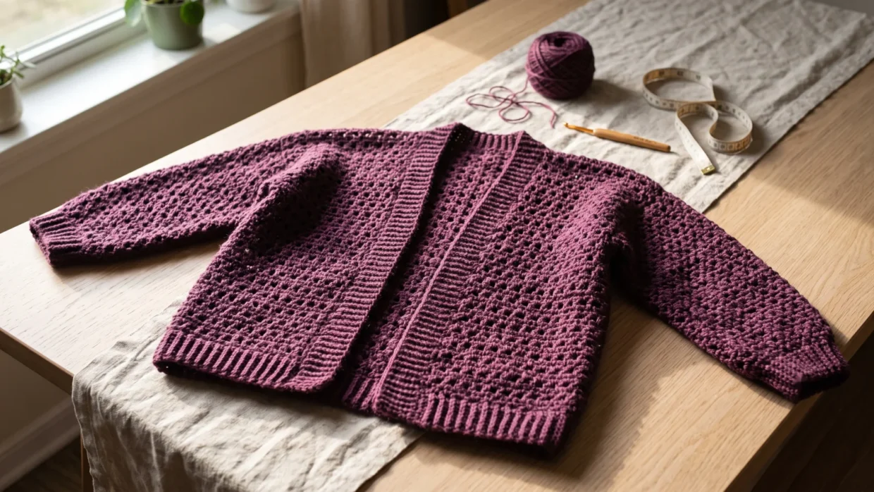 Deep plum open-front crochet jacket laid flat on a pale oak table with a ball of yarn, a crochet hook and a measuring tape.