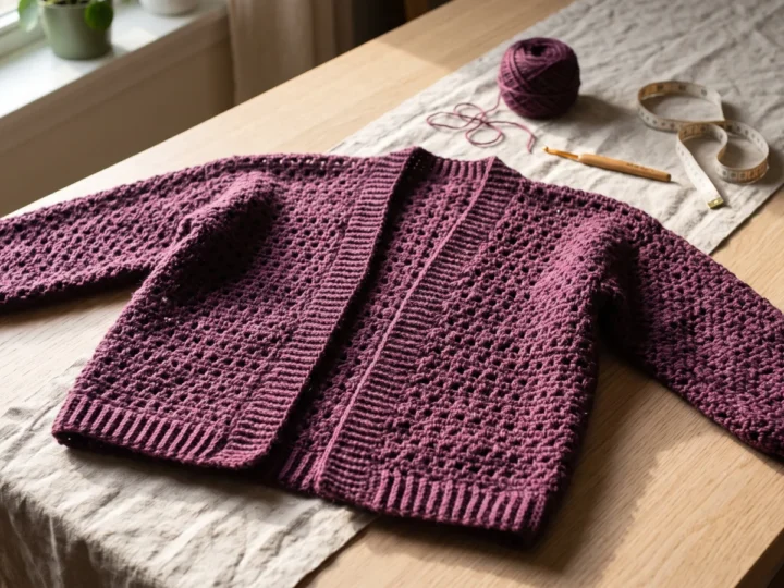 Deep plum open-front crochet jacket laid flat on a pale oak table with a ball of yarn, a crochet hook and a measuring tape.