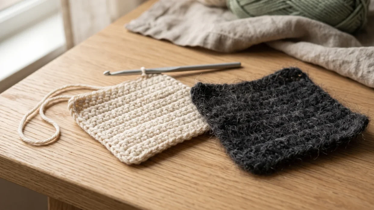 An opened plain cardboard crochet kit on a wooden table beside a small piece of cream single crochet fabric with a hook resting in it.