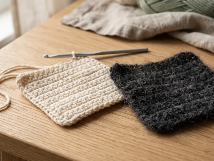 An opened plain cardboard crochet kit on a wooden table beside a small piece of cream single crochet fabric with a hook resting in it.