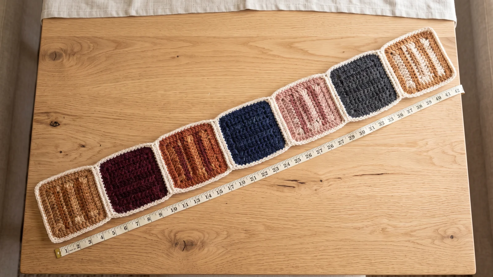 The unfinished body of a crochet square in warm yarn, 16 stitches wide, lying flat with a ruler showing it is about 5 and a half inches tall.