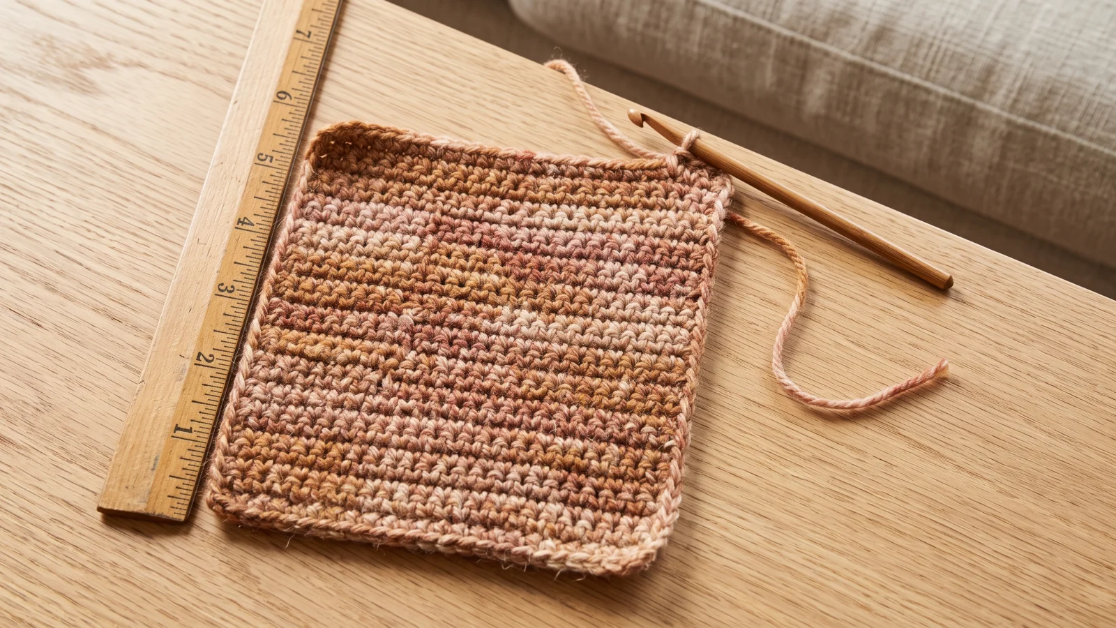 A finished crochet square corner showing one single crochet, a chain-1 space and another single crochet worked into the corner of the edging round.