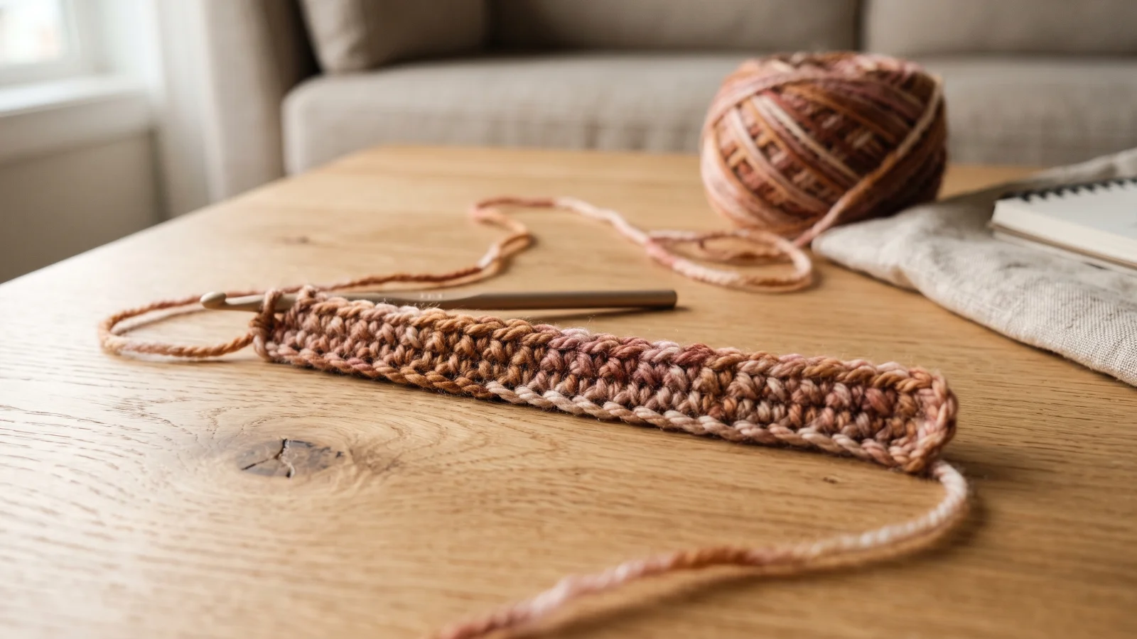 A crochet hook resting in the last loop of a first row of 16 single crochet worked into a foundation chain in warm color-shifting yarn.