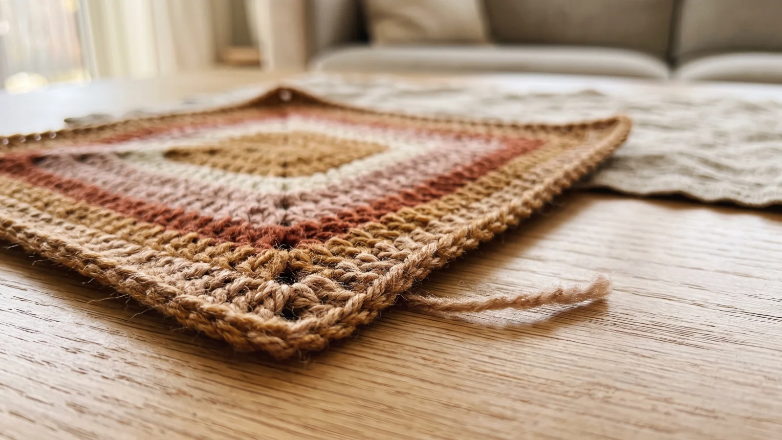 A flat piece of single crochet in warm color-shifting yarn with a ruler laid across it and pins marking a 4 inch span.