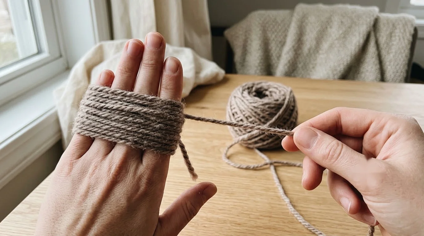 A top-down view of a clay-coloured crochet hat crown closed by a tail drawn through the final stitches.
