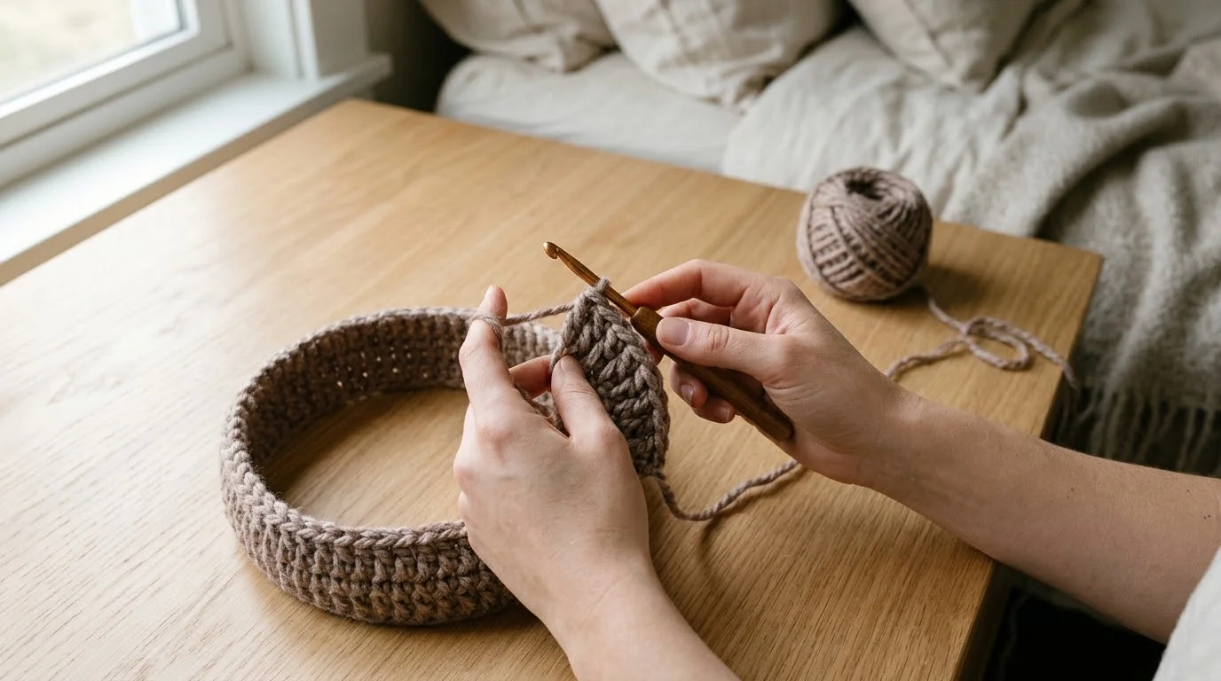 The top of a clay-coloured crochet hat during the first shaping round, with a skipped stitch visible between post stitch groups.