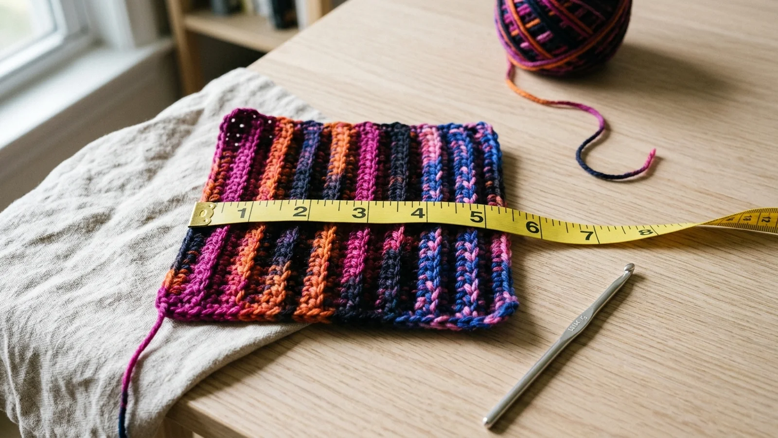 The brim of a ribbed crochet hat folded up to form a cuff, with the ribs continuing from the cuff into the body.