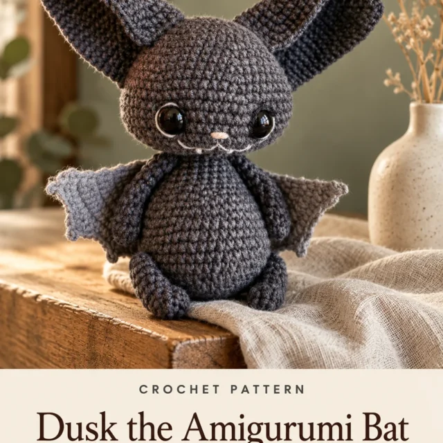 Dusk the Amigurumi Bat crochet pattern cover: a charcoal-gray crocheted bat with large ears and scalloped wings on an oak shelf