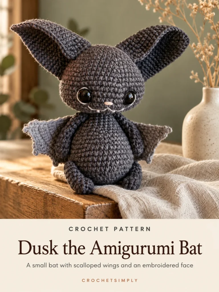Dusk the Amigurumi Bat crochet pattern cover: a charcoal-gray crocheted bat with large ears and scalloped wings on an oak shelf