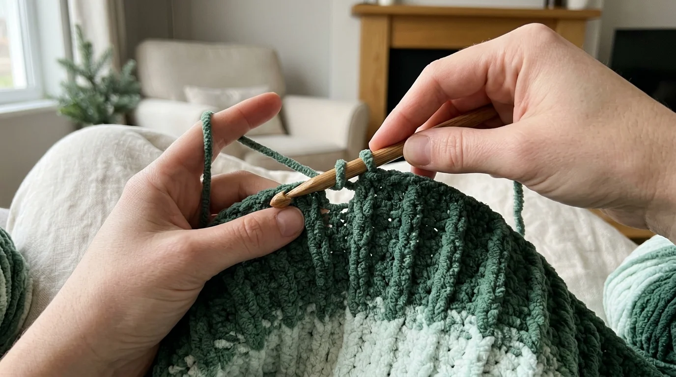 Close-up of one corner of a finished crochet blanket with a flat single-crochet border and three sc in the corner stitch.