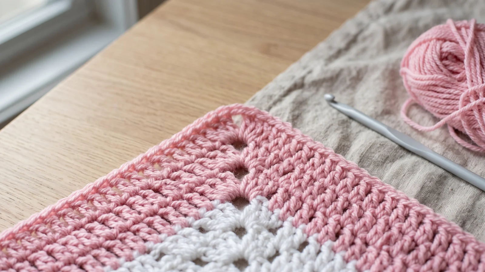 Overhead view of a white crochet blanket center with four pink lazy daisy petals, each flanked by two diagonal plum straight stitches.