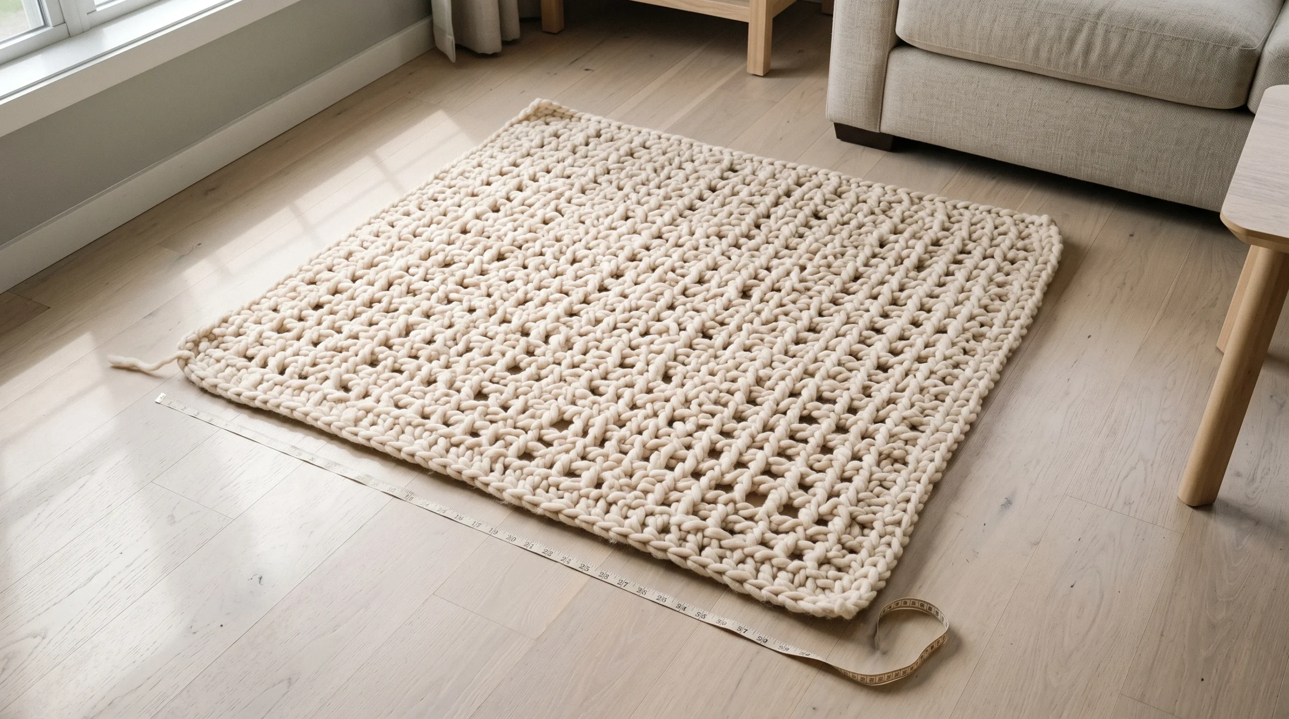 The finished moss stitch blanket lying flat on a floor with a measuring tape laid along one long edge.