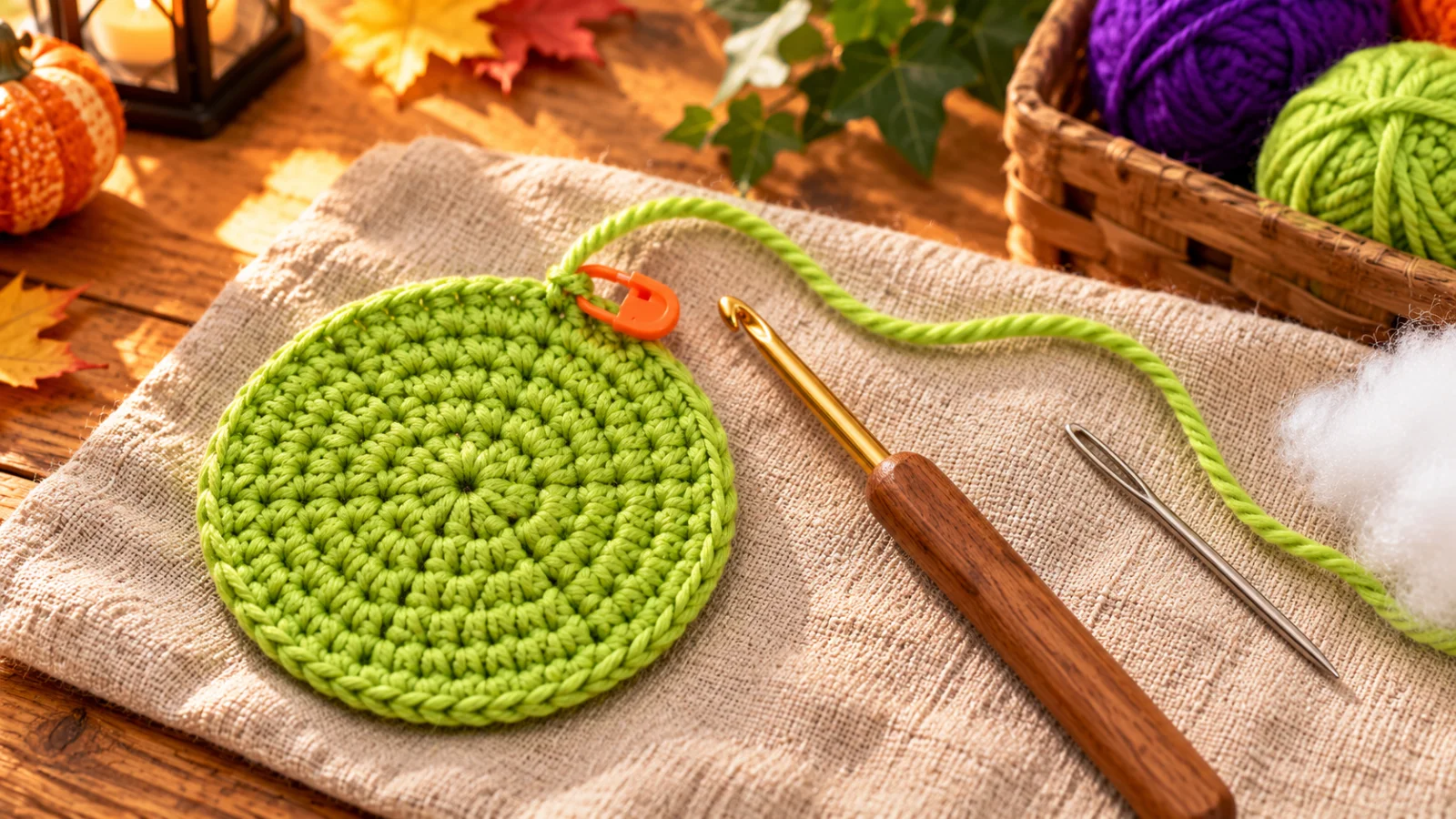 A flat circle of mint-green single crochet with evenly spaced increase lines radiating from the center, lying flat on a linen cloth beside a hook and stitch marker.