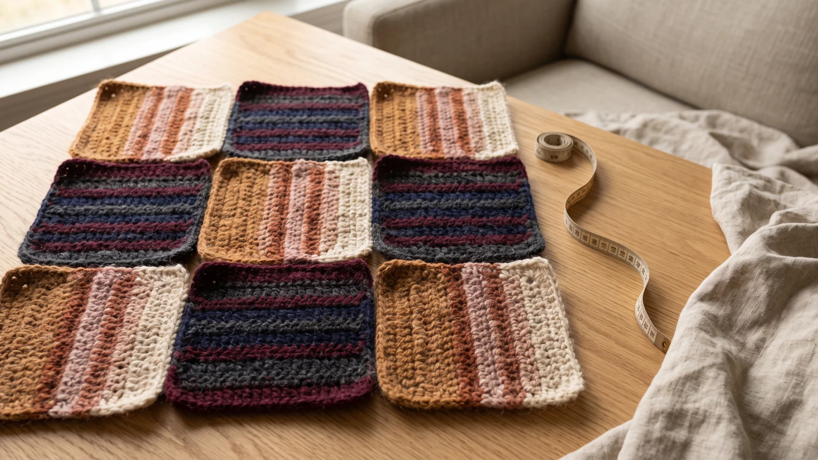A crochet hook working a flat slip stitch join between two squares laid side by side, with the finished part of the seam showing a flat chain.