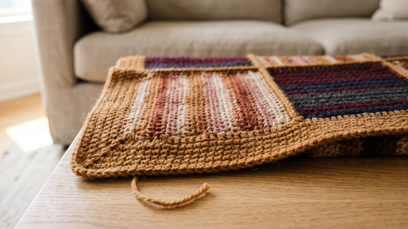 A close-up of the right side of a seam between squares showing a flat chain of slip stitches in the A yarn.