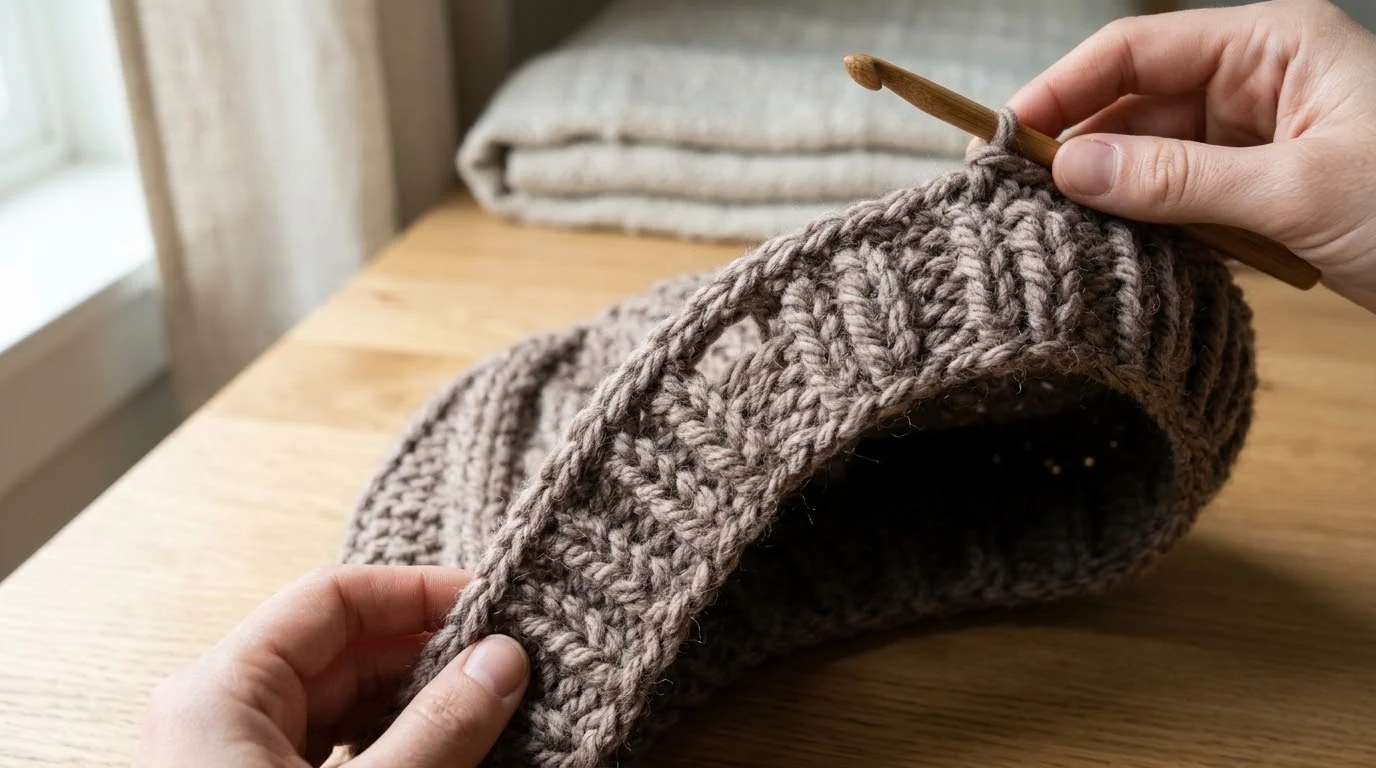 A hook in clay-coloured yarn passing around the upright post of a double crochet from the front to work a front post stitch.