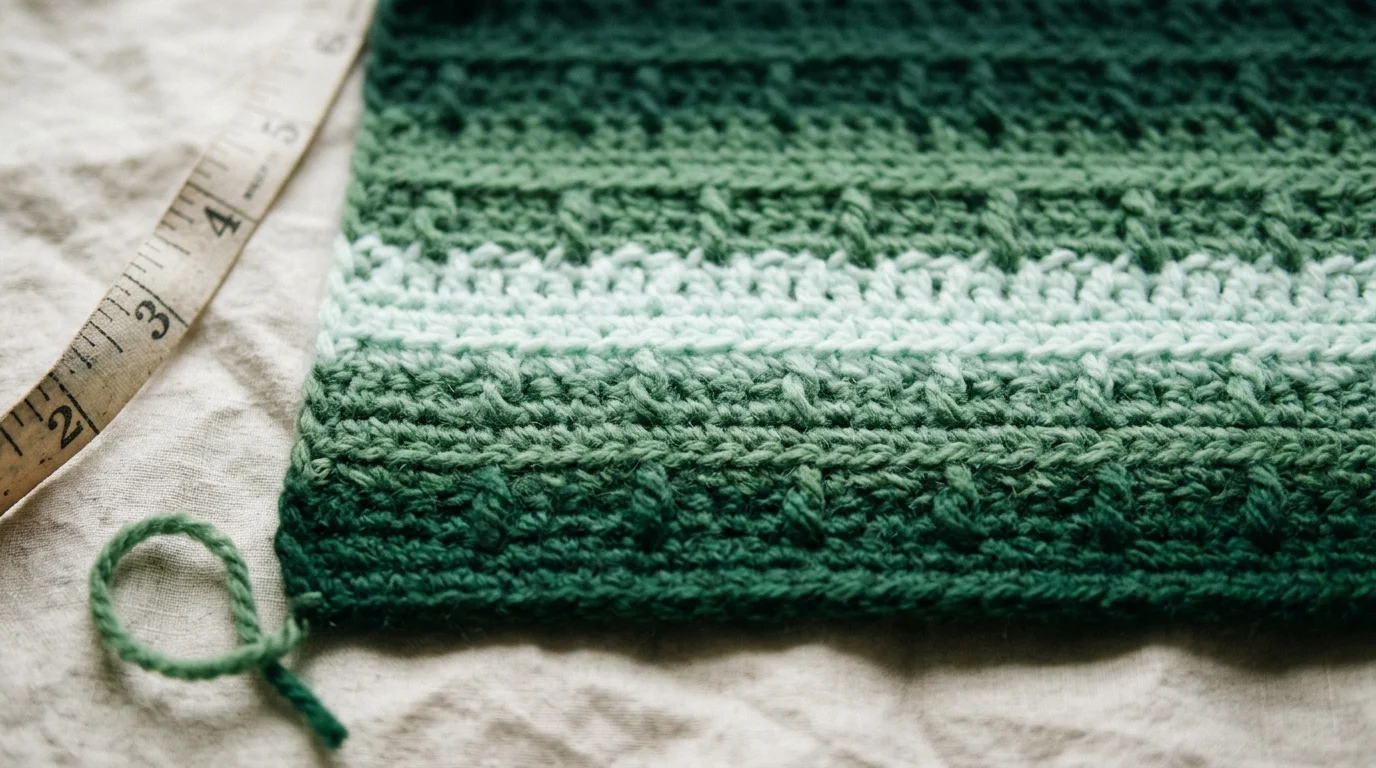 Hands working a front post treble with two yarn overs on an 8 mm hook inserted around the post of a stitch two rows below.