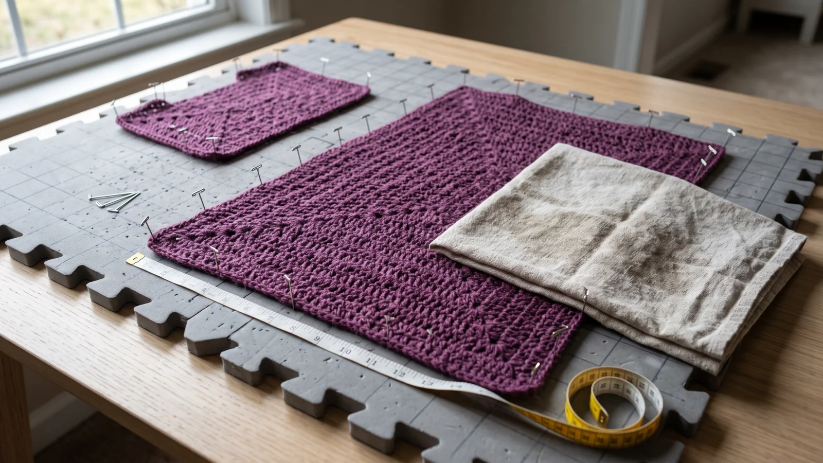 Plum single crochet swatch pinned flat with two pins marking a four-inch span and a ruler lying alongside.