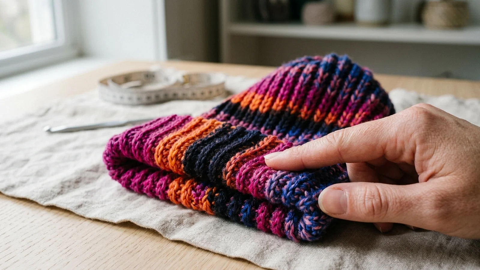 A small ribbed crochet swatch in variegated yarn lying flat with a tape measure marking 4 inches across.