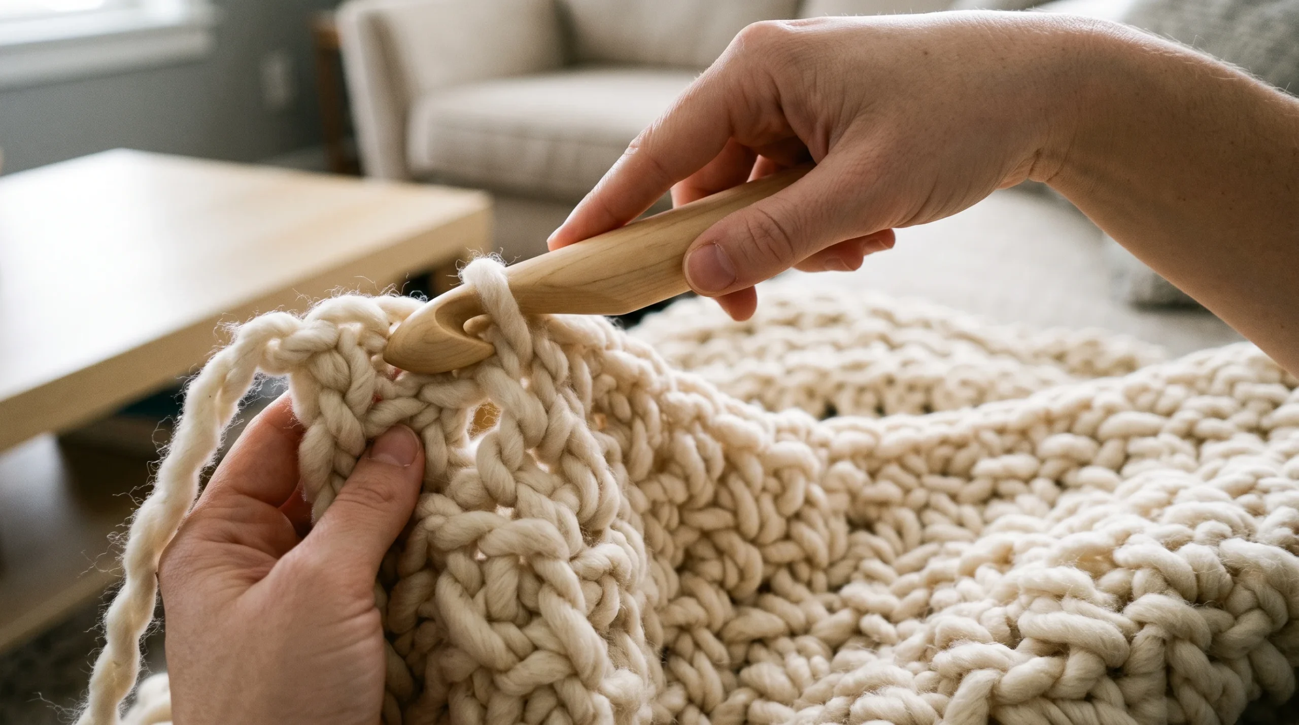 Several large balls of cream yarn beside an oversized crochet hook, scissors and a measuring tape on an oak table.