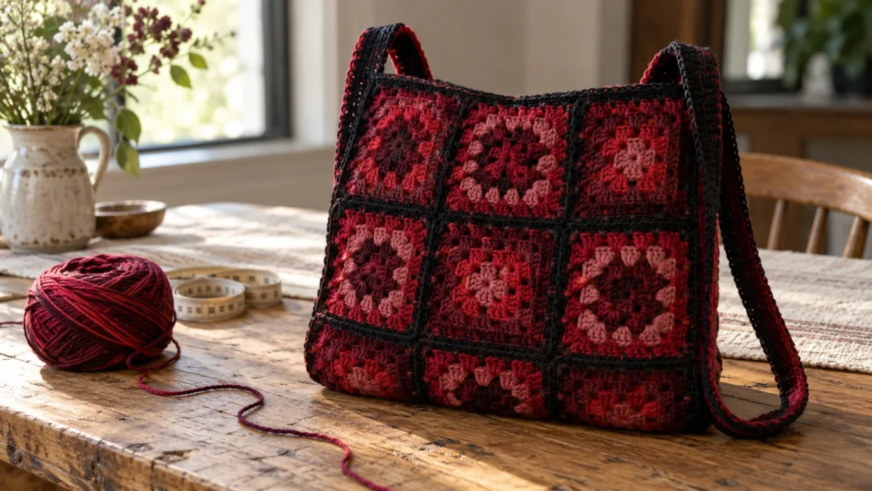 Finished granny square shoulder bag in deep cherry self-striping yarn resting on a wooden table with its two flat straps.