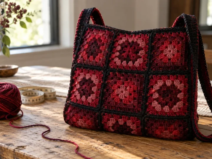 Finished granny square shoulder bag in deep cherry self-striping yarn resting on a wooden table with its two flat straps.