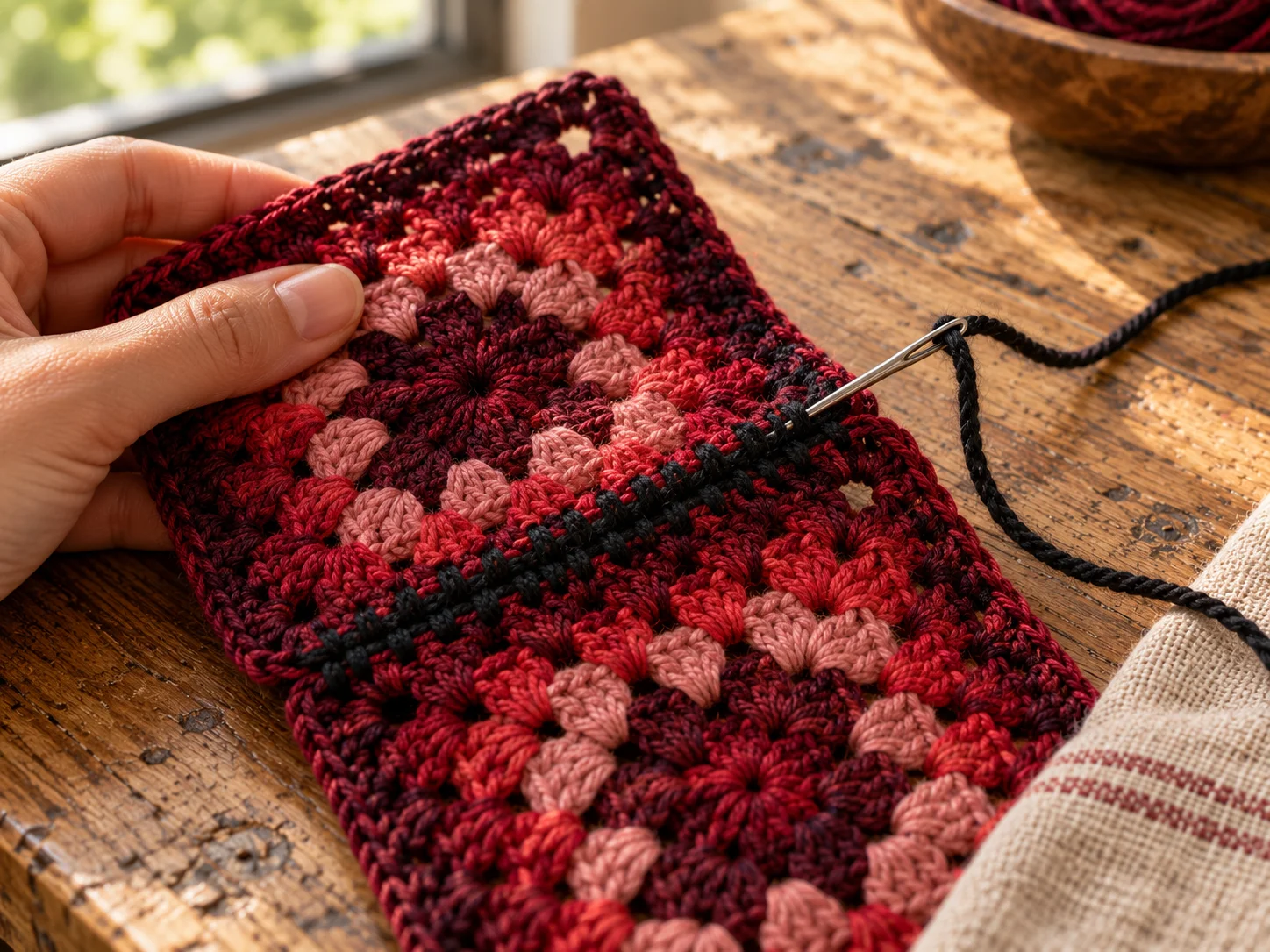 Close-up of two granny square motifs held wrong sides together and joined with black whipstitch along one edge.