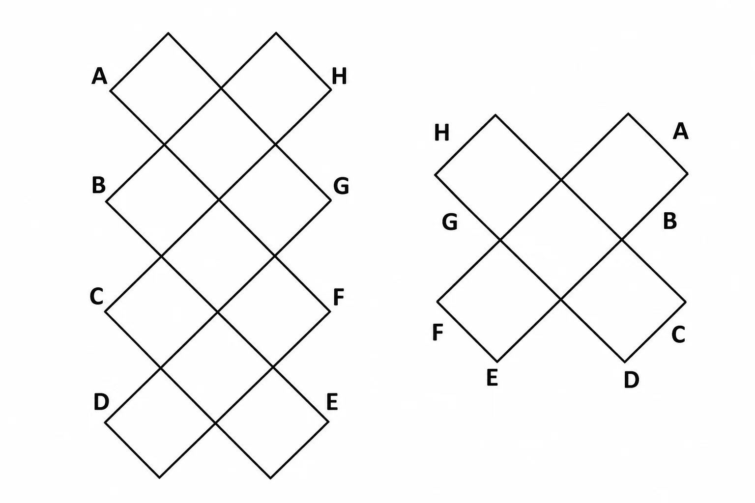 Layout diagram showing how the 13 granny square motifs are arranged, with lettered edges marking which sides are joined.