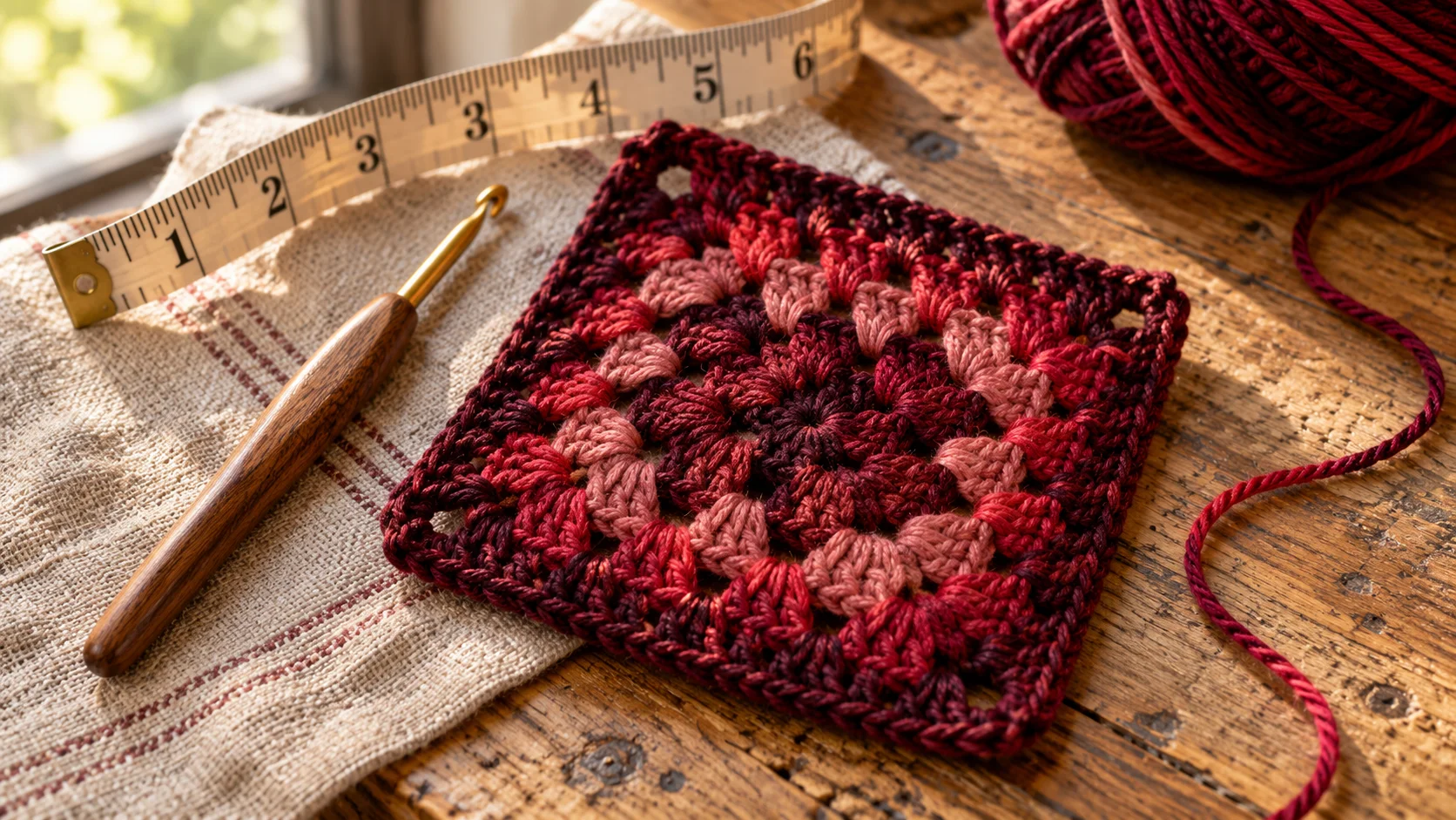 A finished five-round granny square motif in cherry self-striping yarn lying flat beside a hook and tape measure.