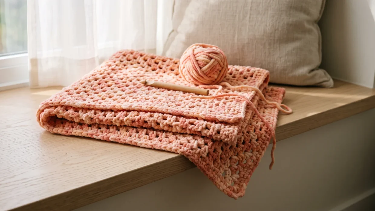 Finished crocheted baby blanket in peach, pink and cream yarn draped over the edge of a wooden window seat, showing an open mesh and a neat edging