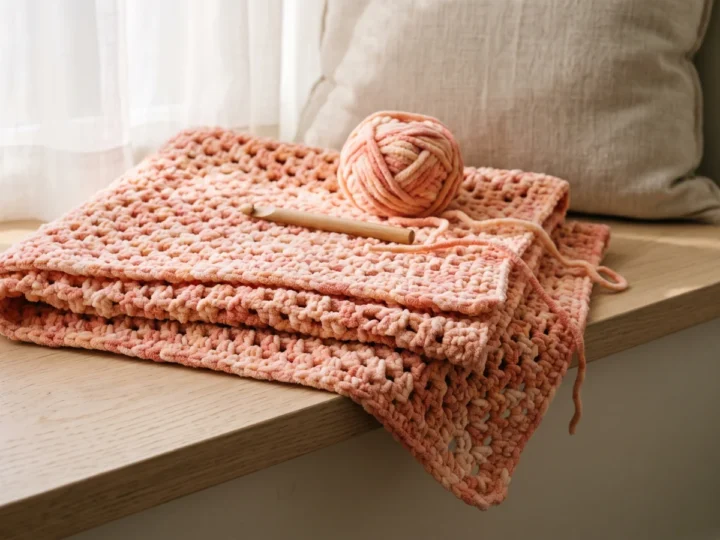 Finished crocheted baby blanket in peach, pink and cream yarn draped over the edge of a wooden window seat, showing an open mesh and a neat edging