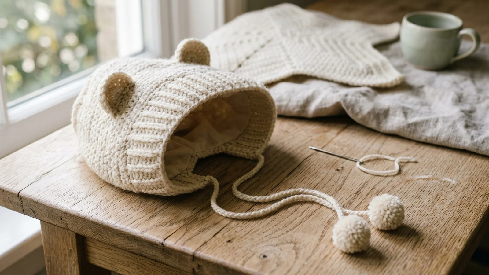 Close-up of a cream crochet hood with a ribbed band, two small ears and a slip stitch tie lace ending in two pom-poms.