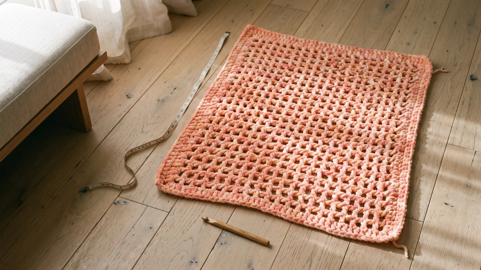 Close-up of a crochet hook entering a chain-1 space in an open single crochet mesh of peach and pink yarn
