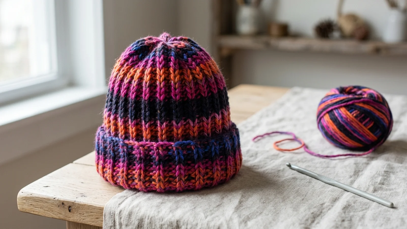Close-up of a crochet hook going under the horizontal bar below the top loops of a half double crochet stitch.