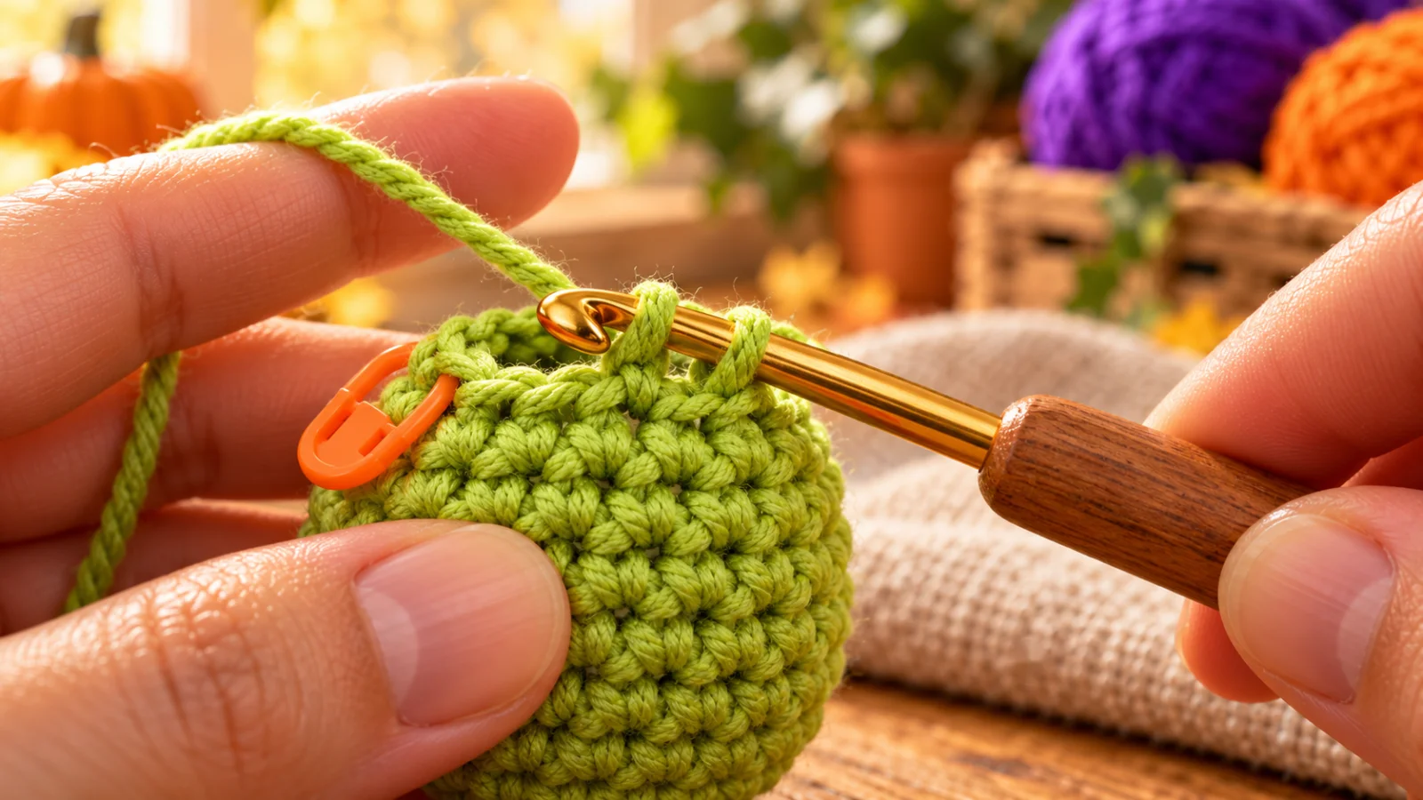 Close-up of a crochet hook going through the front loop of the second of two adjacent stitches on the edge of a mint-green rounded piece.