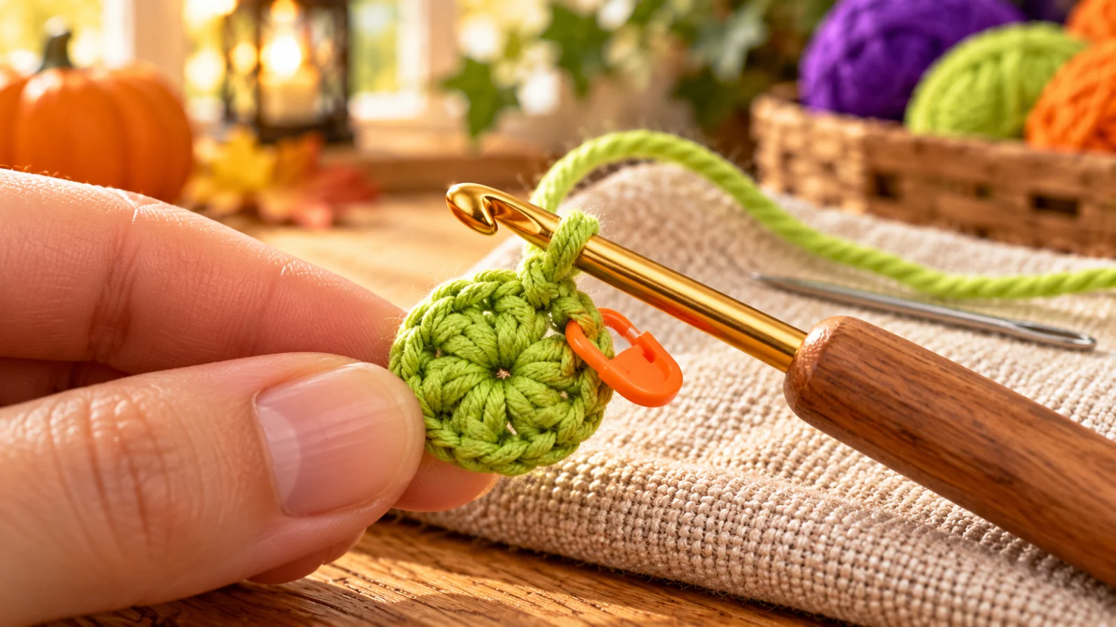A small flat disc of six single crochet stitches with the center pulled closed, a yarn tail hanging from the back, and a hook in the last stitch.