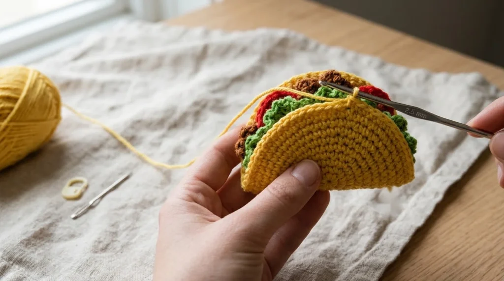 A finished yellow crochet taco keychain with green lettuce, red tomatoes and brown meat along its curved edge, hanging from a gold-tone chain and ring.