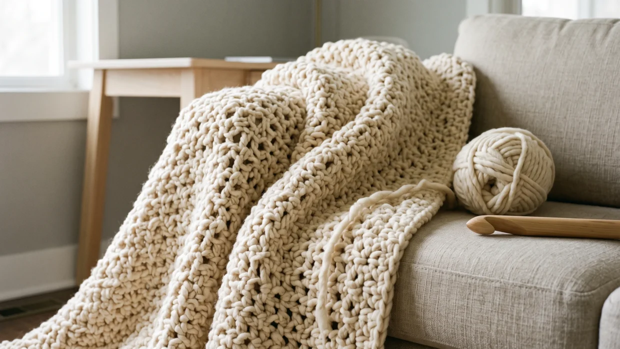 A finished cream moss stitch crochet blanket with large open stitches draped over the arm and seat of a linen sofa.