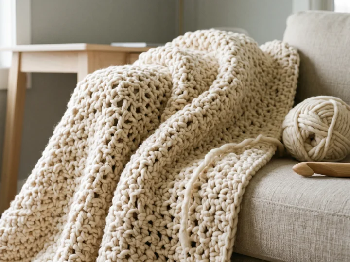 A finished cream moss stitch crochet blanket with large open stitches draped over the arm and seat of a linen sofa.