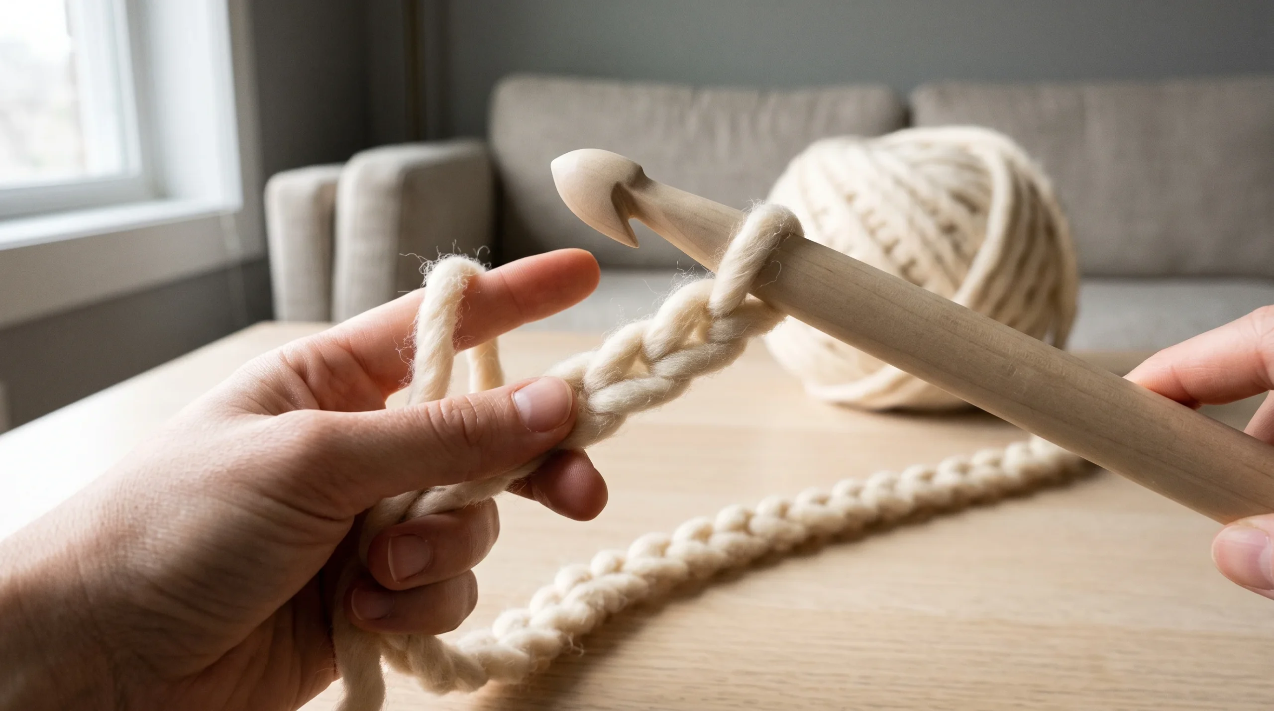 A close-up of several rows of moss stitch showing single crochet posts and chain-1 gaps staggered from row to row.