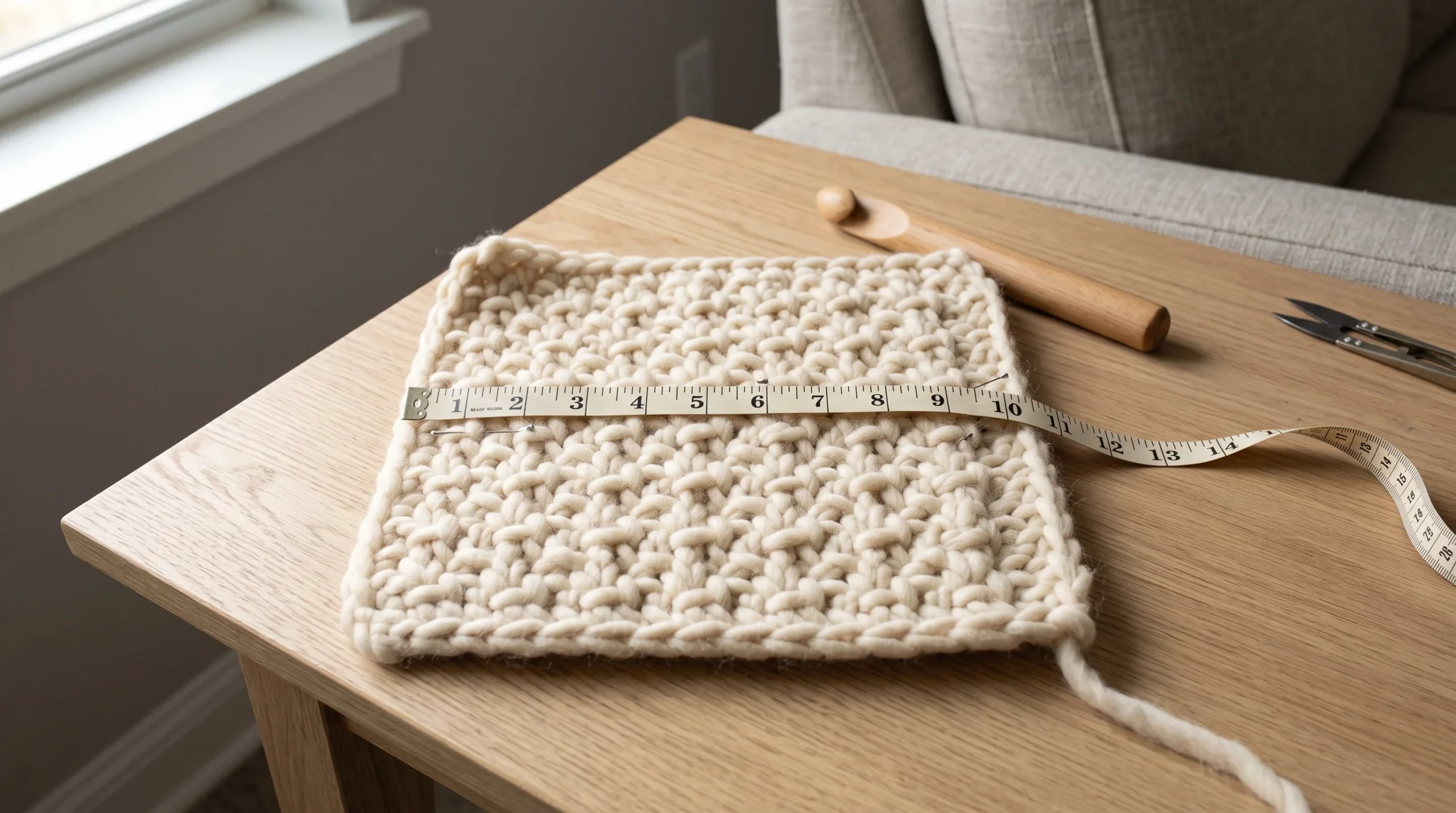 A moss stitch swatch lying flat with a measuring tape across it, showing about three and a half stitches within four inches.