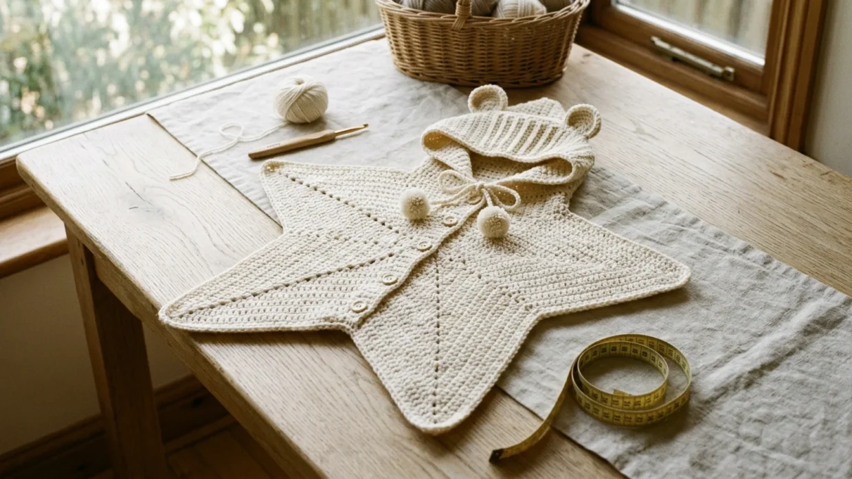 Finished cream star-shaped crochet baby blanket with a hood, two small ears and a tie lace with pom-poms, lying flat on a pale wooden table.