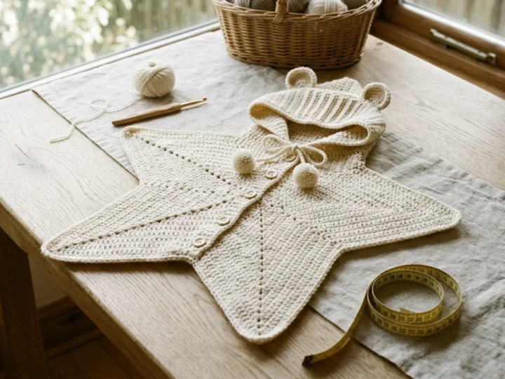Finished cream star-shaped crochet baby blanket with a hood, two small ears and a tie lace with pom-poms, lying flat on a pale wooden table.