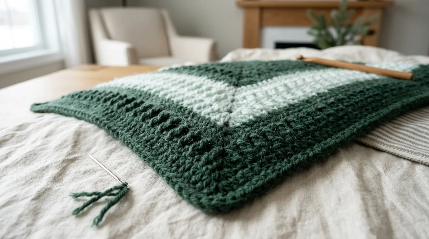 A crochet blanket in progress with the pale end of a finished ball laid beside the pale end of a new ombre ball.