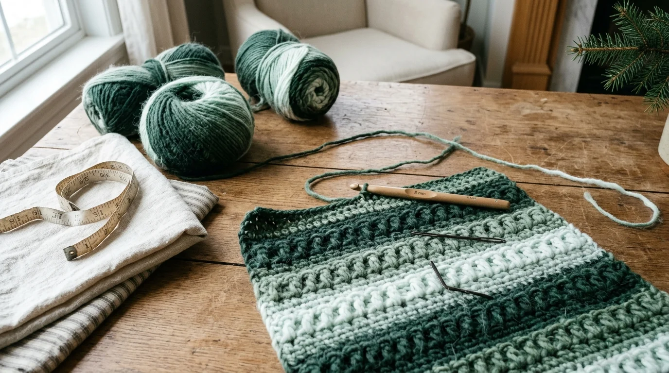 Several balls of dark-to-light green ombre yarn with an 8 mm crochet hook, a yarn needle and a measuring tape on an oak table.