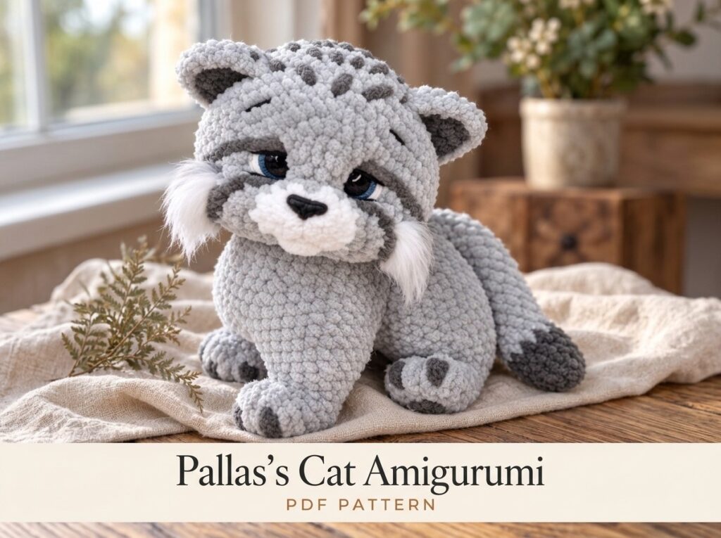 Pallas's Cat Amigurumi crochet pattern cover: a silver-gray plush crocheted wild cat with cream muzzle and white cheek tufts sitting on a linen cloth
