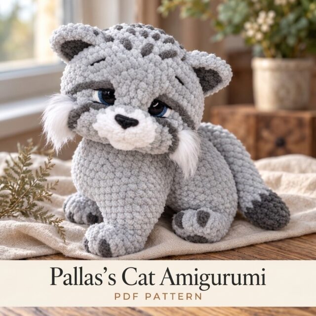 Pallas's Cat Amigurumi crochet pattern cover: a silver-gray plush crocheted wild cat with cream muzzle and white cheek tufts sitting on a linen cloth