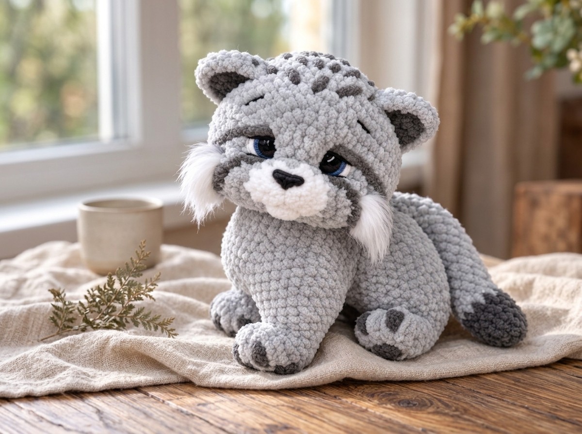 Finished silver-gray Pallas's cat amigurumi with embroidered blue eyes and white cheek tufts on a linen cloth beside a window