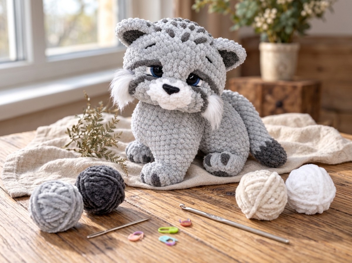 Crocheted Pallas's cat beside balls of silver-gray, charcoal, cream and white plush yarn, a crochet hook, a yarn needle and stitch markers