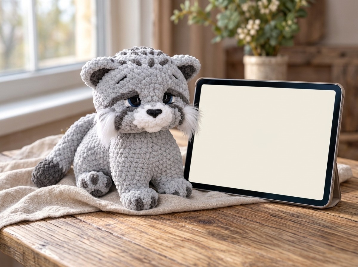 Crocheted Pallas's cat on a wooden table next to a tablet standing on a case, ready to show the PDF pattern